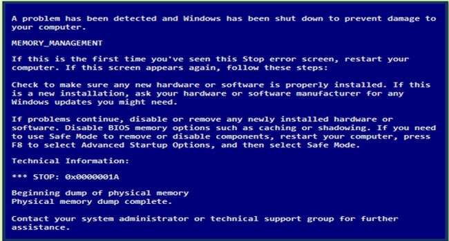 Blue Screen of Death BSOD Memory Management