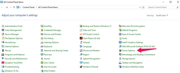 Control Panel Power Options