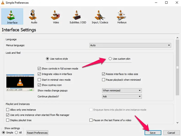 VLC Media Player Simple Preferences Settings